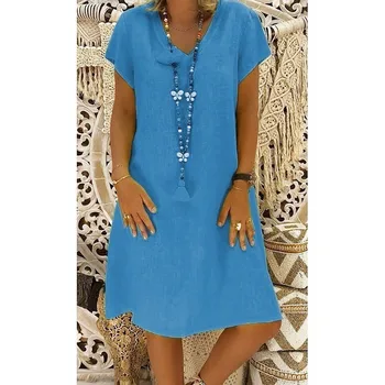 Cotton Linen Blended Dresses For Women 2023 Casual Solid Color Summer Loose T-Shirt Dress Short Sleeve V-Neck Female Sundresses 1
