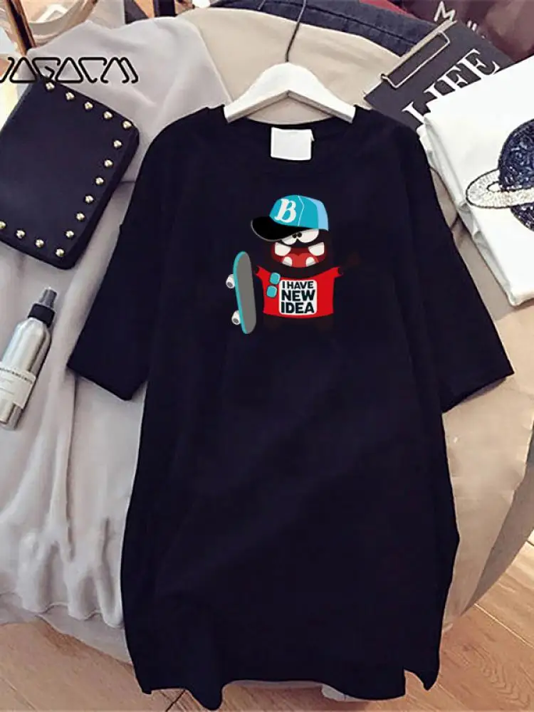 Kawaii Printed Nightdress for Women Diy Spring Summer Short Sleeve Cartoon Printed Homewear O Neck Casual Loose Pajamas Harajuku