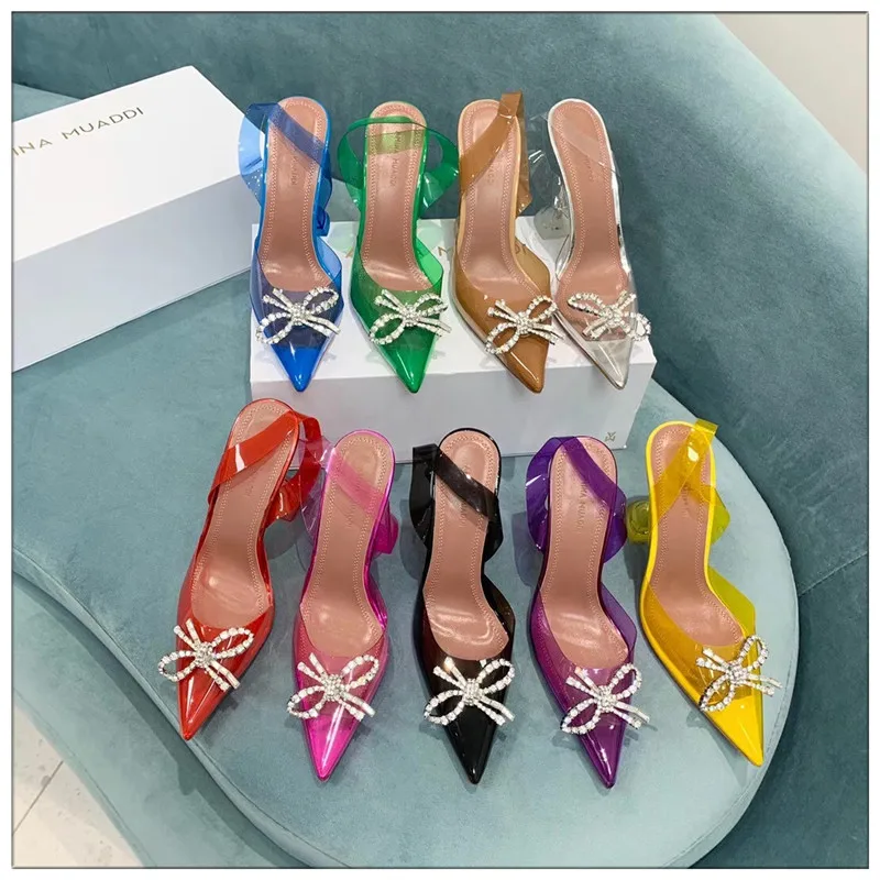 

Rosie crystal-embellished bow PVC slingback pumps Glass Transparent Pointed Toe rhinestone Amina Muaddi diamond heels sexy shoes