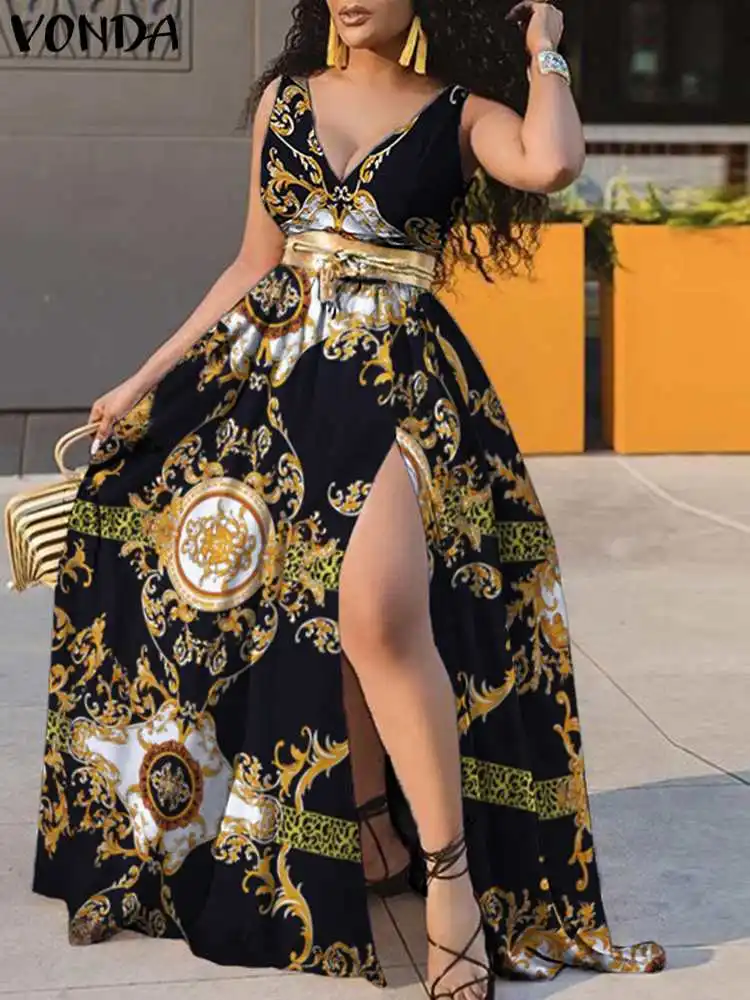 

VONDA 2022 Femme Party Sundress High Split Hem Robe Bohemian Women Sleeveless Vestidos Oversize V Neck Floral Print Beach Dress