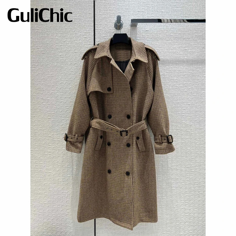 

10.15 GuliChic Women Vintage Fashion Houndstooth Double Breasted Casual Midi Trench Coat With Belt