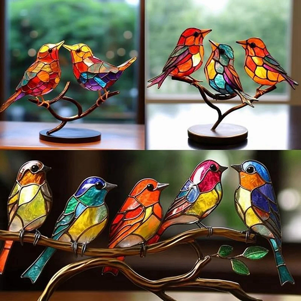 

Stained Metal Birds on Branch Desktop Ornaments Home Table Double Sided Novel Colorful Bird Group Series Decoration Craft Gifts
