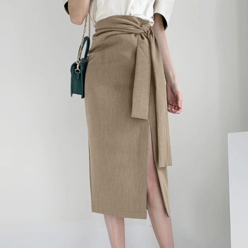 

Elegant Office Skirts 2022 VONDA Women Casual Solid Color Skirt With Belt Female High Waist Zipper Hip Skirts Femininas
