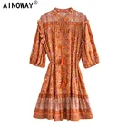 Винтажное шикарное женское оранжевое платье с цветочным принтом и рукавами-фонариками, Пляжное богемное мини-платье с бахромой, женское свободное платье бохо из вискозы с V-образным вырезом