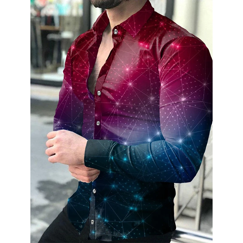

New Fashion 3d Long Sleeve Men Shirts Print Cardigan Turn-down Collar Buttoned Shirt Casual Designer Gradient Tops Mens Clothing