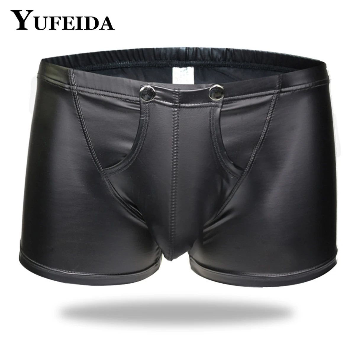 

YUFEIDA Sexy Men's Leather Boxers Open Crotch Faux Leather Lingerie U Convex Pouch Black Boxers Shorts Stage Costume Underwear