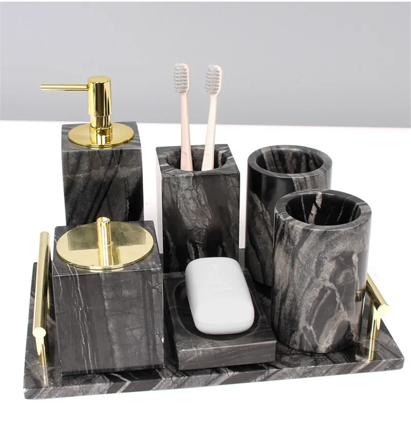 

Customized Natural marble Stone Bathroom Liquid Soap Dispenser Toothbrush Holder Gargle Cup Tray Cotton Swab/Tissue Box Gold