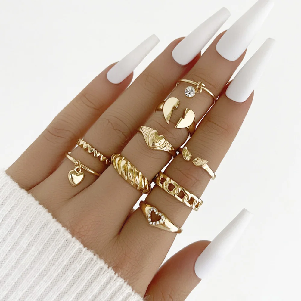 

Vintage Bohemia Hollow Heart Butterfly Rings Set Retro Boho Zircon P)earl Gold Color Geometric Finger Ring Jewelry Party Gift