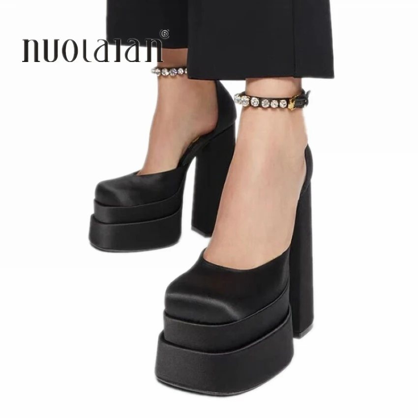 

2022 Brand Fashion Women Pumps Sexy Chunky High Heels Sandals Platform Dress Shoes Party Wedding Shoes Woman Buckle Rhinestone
