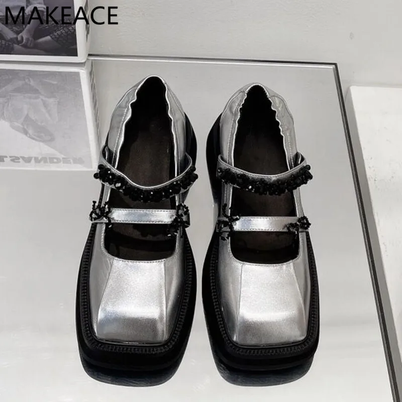 

Spring New Rhinestone Chain Flowers Thick Sole Mary Janes Single Shoes Woman Square Toe Genuine Leather Small Leather Shoes 2022
