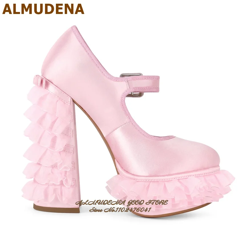 Фото Туфли-мэри-джейн ALMUDENA из розового атласа на платформе с кружевной сеткой, на массивном каблуке с рюшами, свадебные туфли, элегантные туфли для вечеринок с бантом-бабочкой №5