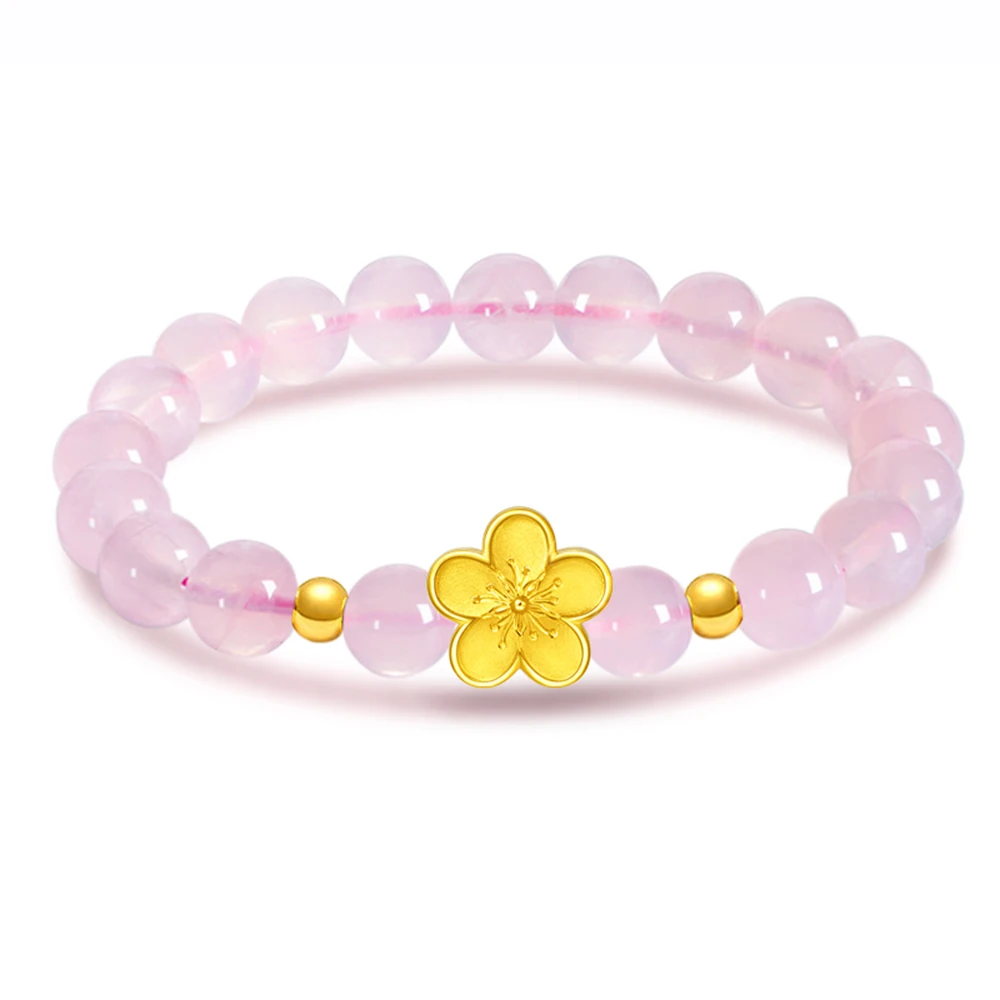 

Pure 999 24K Yellow Gold Beauty Flower with Quartz Beads Bracelet Woman Gift