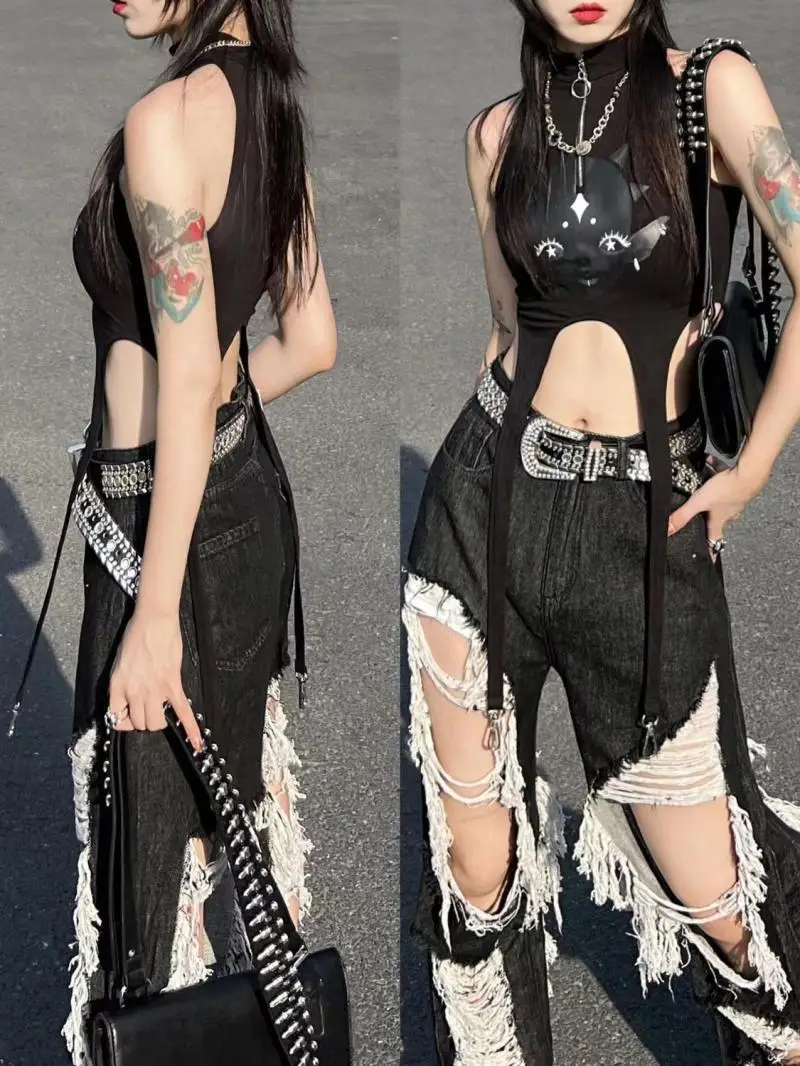 New All-Match Y2k Distressed Women Broken Hole Jeans High Street Hip Hop High Waist Straight Loose Trousers Washed Mopping Pants