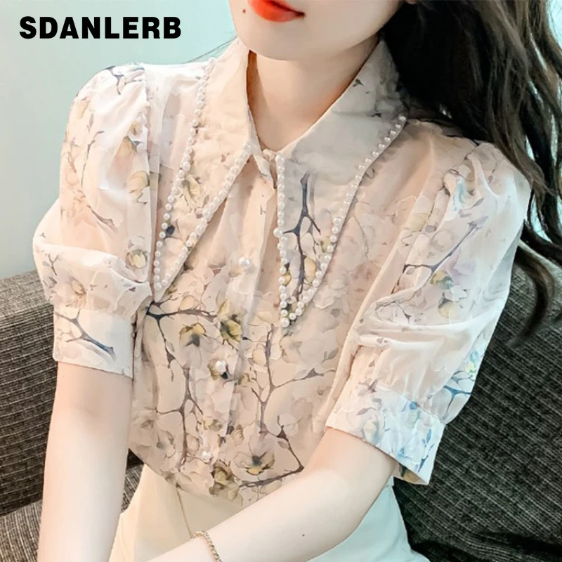 

Chiffon Shirt Women's Short-Sleeved Summer Outer Wear Top Fashion Elegant Bead Printed Short Puff Sleeve Camisas Mujer