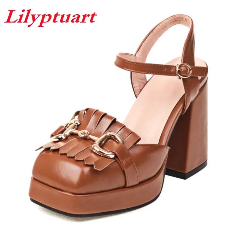 

LILYPTUART ZA Slingback Heels, Fashiona Round Toe Fringe Metal Buckle Chunky Heel Platform Sandals, Ladies Sandals 2022, Pumps