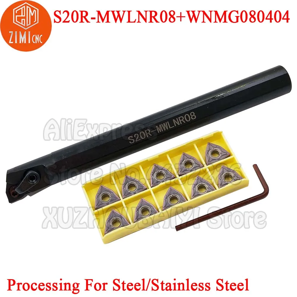 

S20R-MWLNR08 S20R MWLNR08 Internal Turning Tool Holder CNC Cutter Tools +10pcs WNMG080404 MA Inserts Lathe Bar CNC Cutting Tools