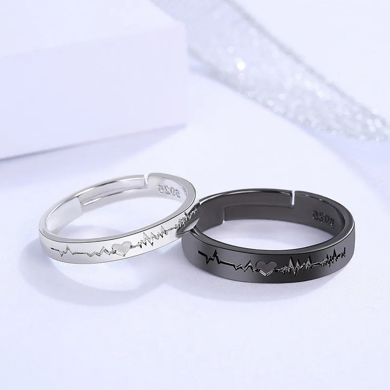 

2Pcs/set Romantic Couple Rings For Women Men Punk Heart ECG Black White Forever Love Promise Wedding Ring Valentine'S Day Gift