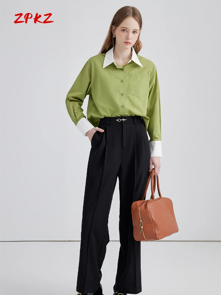 

ZPKZ Contrast Women Autumn Blouse For Autumn New Fashion Temperament Design Long-Sleeved Niche Skinny Shirt Female Shirt Top