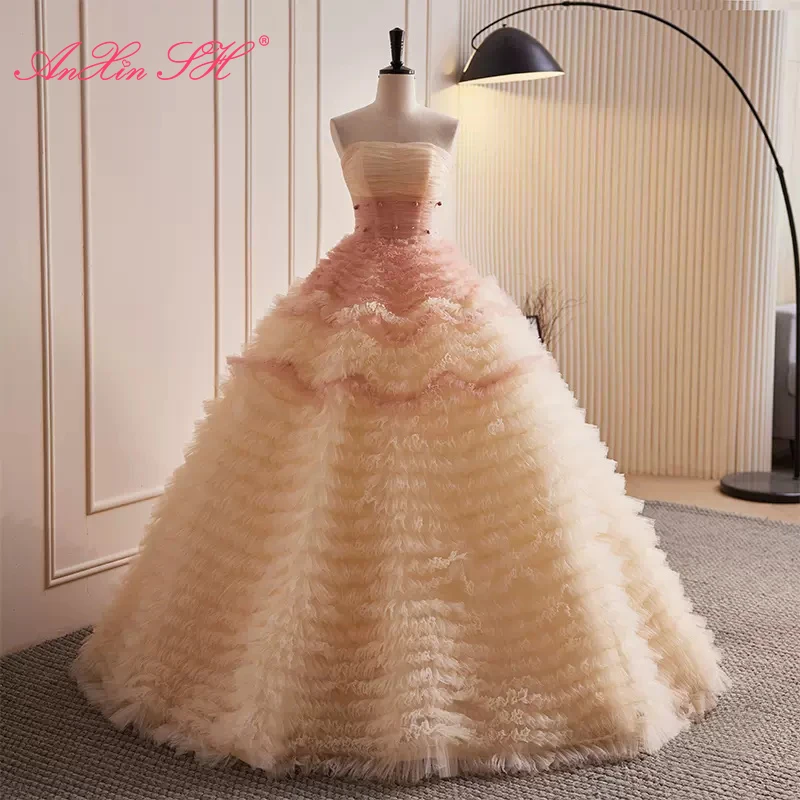 

AnXin SH princess pink and white lace strapless ruffles vitnage beading pearls lace up long Host party ball gown evening dress