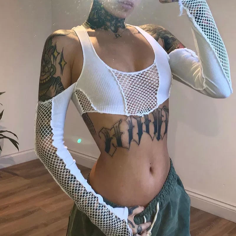 

Dourbesty 2000s Sexy Off Shoulder Crop Top Women Fashion Fishnet Long Sleeve Hollow Out Sexy Tees E-girl Grunge Tshirts Clubwear