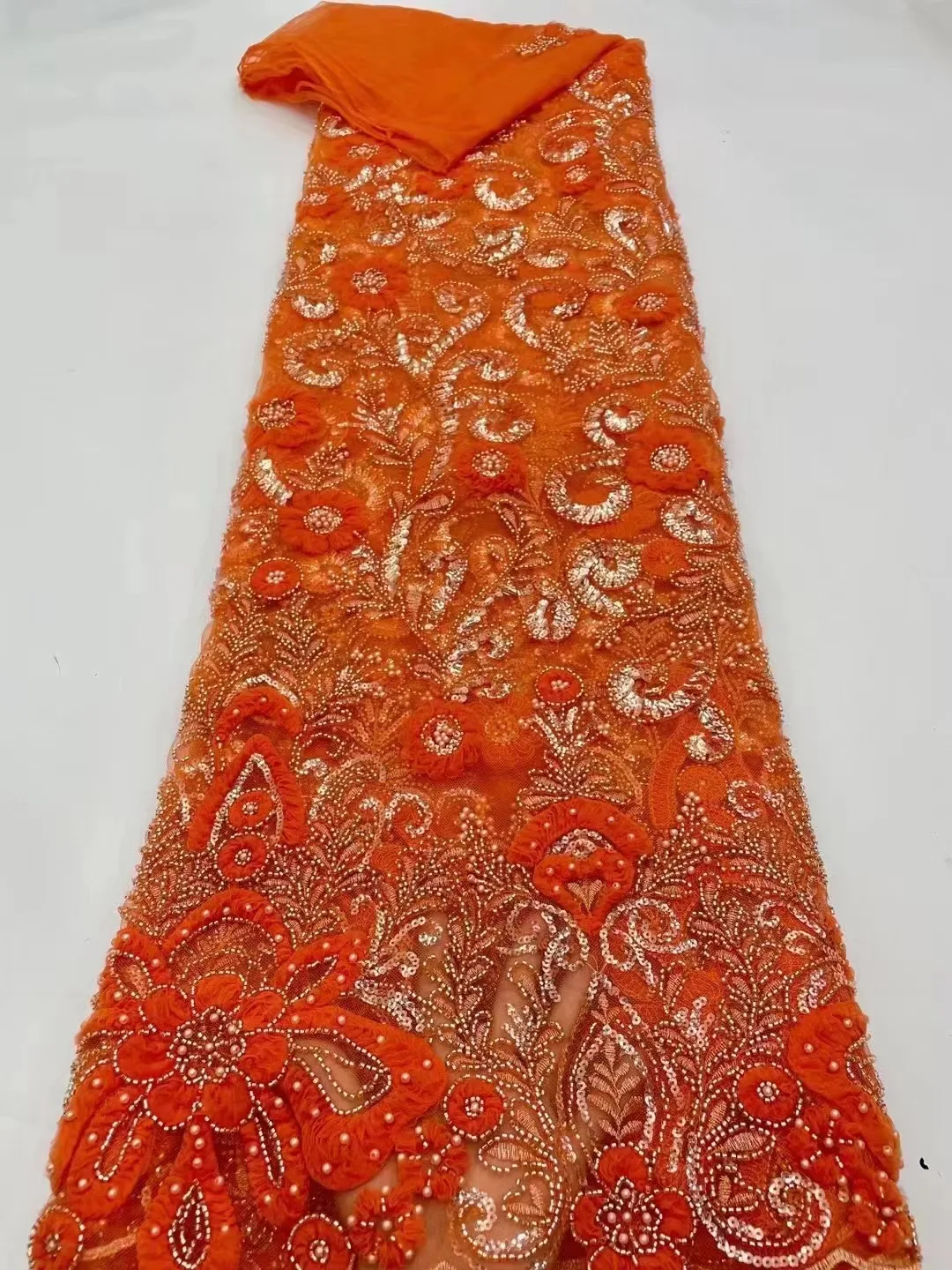 

Hot Orange African beaded Sequin lace fabric 2023 5 yards high quality French Nigerian groom lace fabric sewn dress wedding part