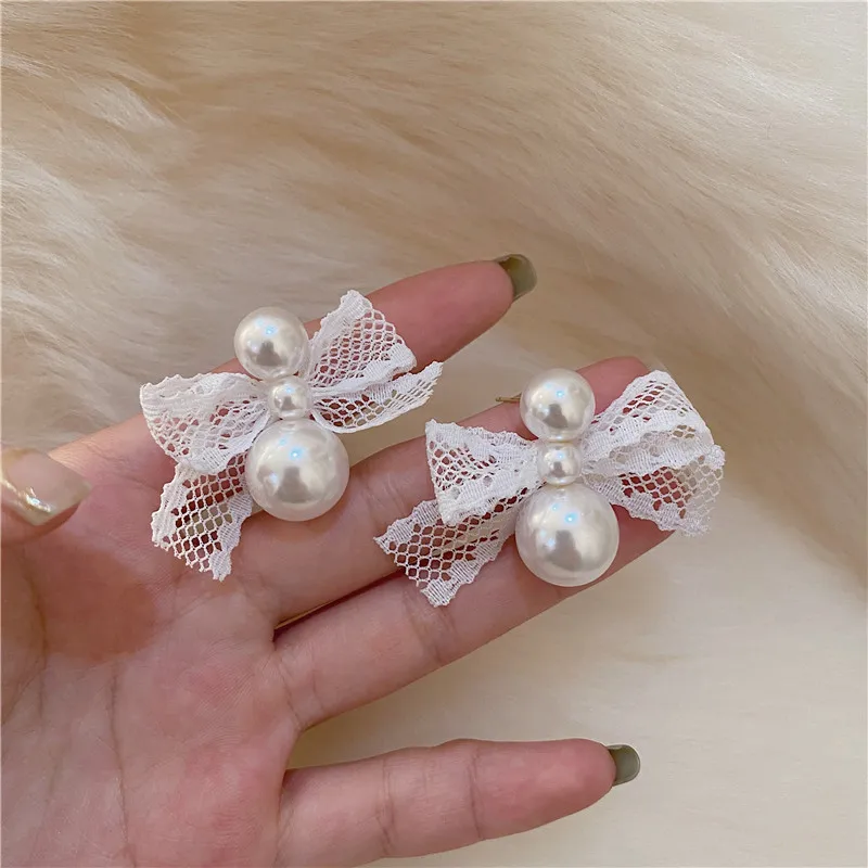 

S925 Silver Needle Lace Bow Imitation Pearl Stud Earrings 2022 New Simple Fashion Earings for Women
