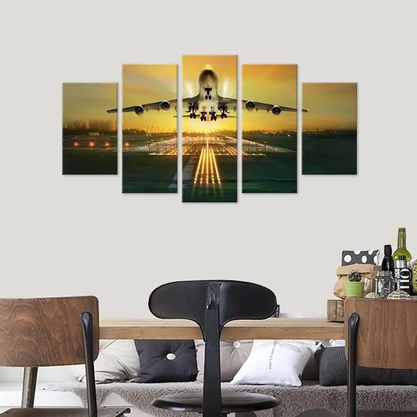 

Unframed Commercial Airplane Take Off Airport Night 5Pieces Wall Art Canvas Posters Painting for Living Room Home Decor Pictures