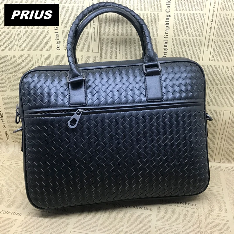New Genuine Leather Handbag Cowhide Business Briefcase High Quality Luxury Commercial Computer Messenger Woven Bags