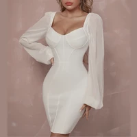 skmy party white dress 2022 summer new women clothing long sleeve v neck solid color bodycon mini dress sexy club outfits