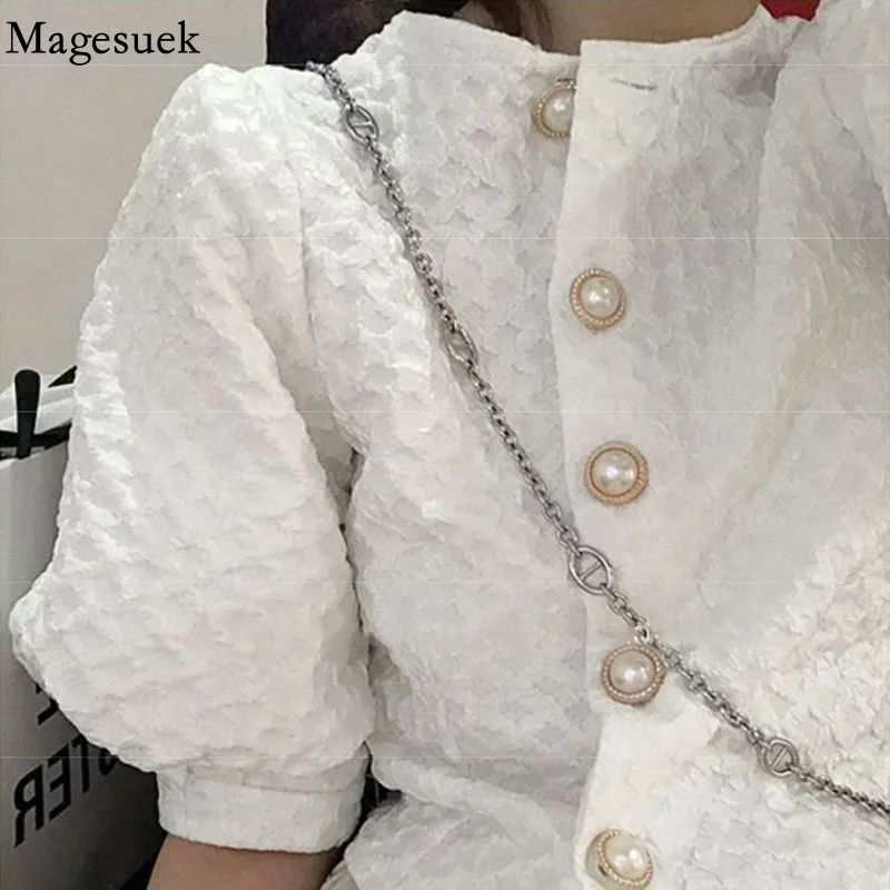 

2022 Vintage French Shirt Puff Sleeve Short Tops Women Summer Blouse Ladies Pleated Short Sleeve Top Buttons White Blouse 19812