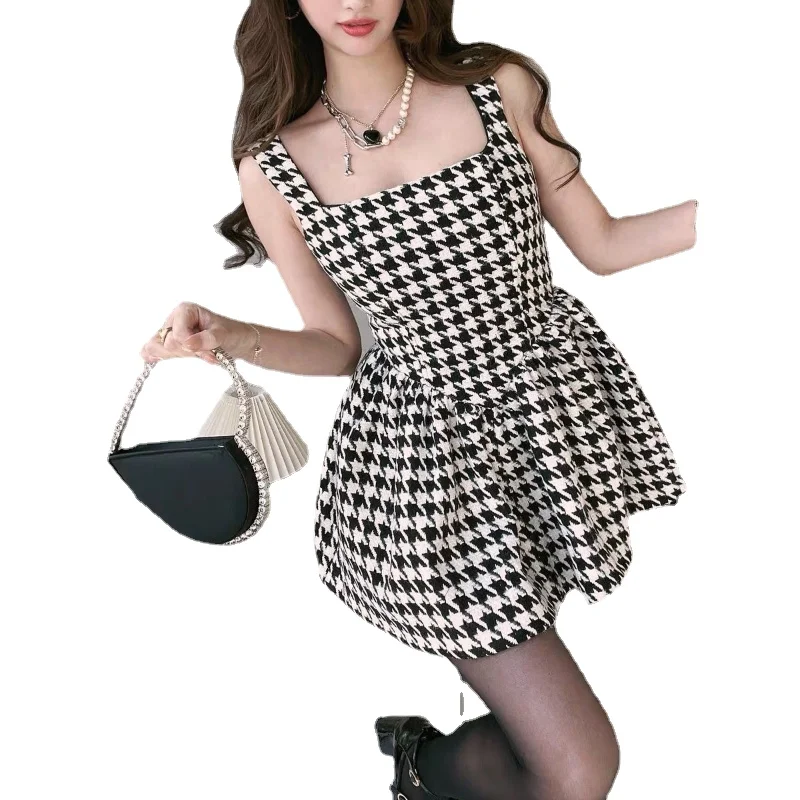 

Y2k Spring Summer Women's Casual Fashion Thousand Bird Lattice Suspender Dress Sleeveless Hottie Skirt High Waist Micro Elastic