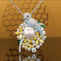 foydjew 2022 new luxury elegant forest series parrot design pendant necklaces with yellow zircon and pearl necklace for women