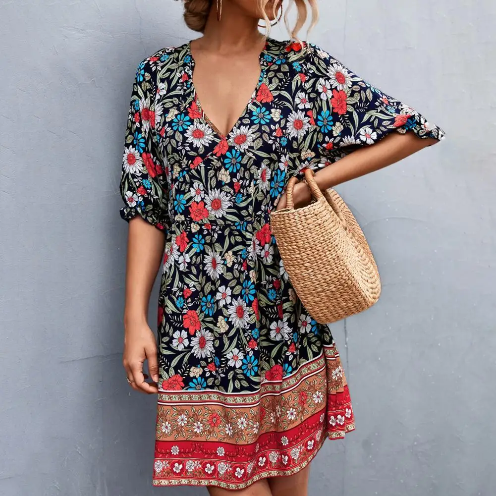 

Bohemian V Neck Mini Dress Elegant Floral Print Short Sleeve Short Dress for Date