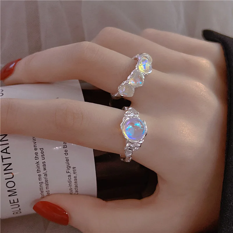 

New Fashion Luxury Blue Heart Moonstone Ring Sweet Romantic Irregular Zircon Opening Ring for Women's Party Wedding Jewelry Gift