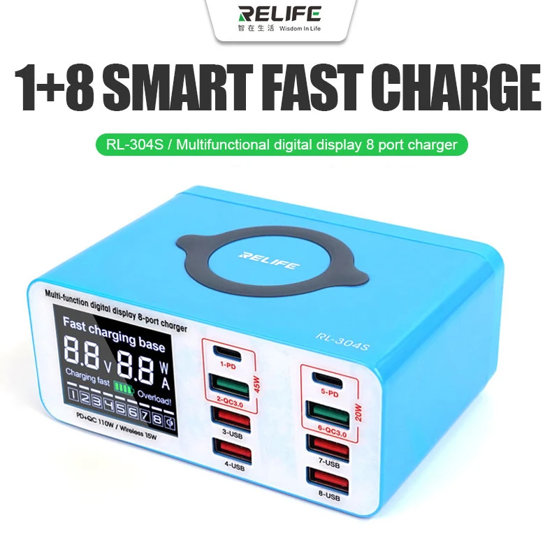 RELIFE RL-304S AC100-240V USB Fast Charger Support QC3.0+PD 15W Wireless Charger for iPhone iPad Samsung Notebook Fast Charging