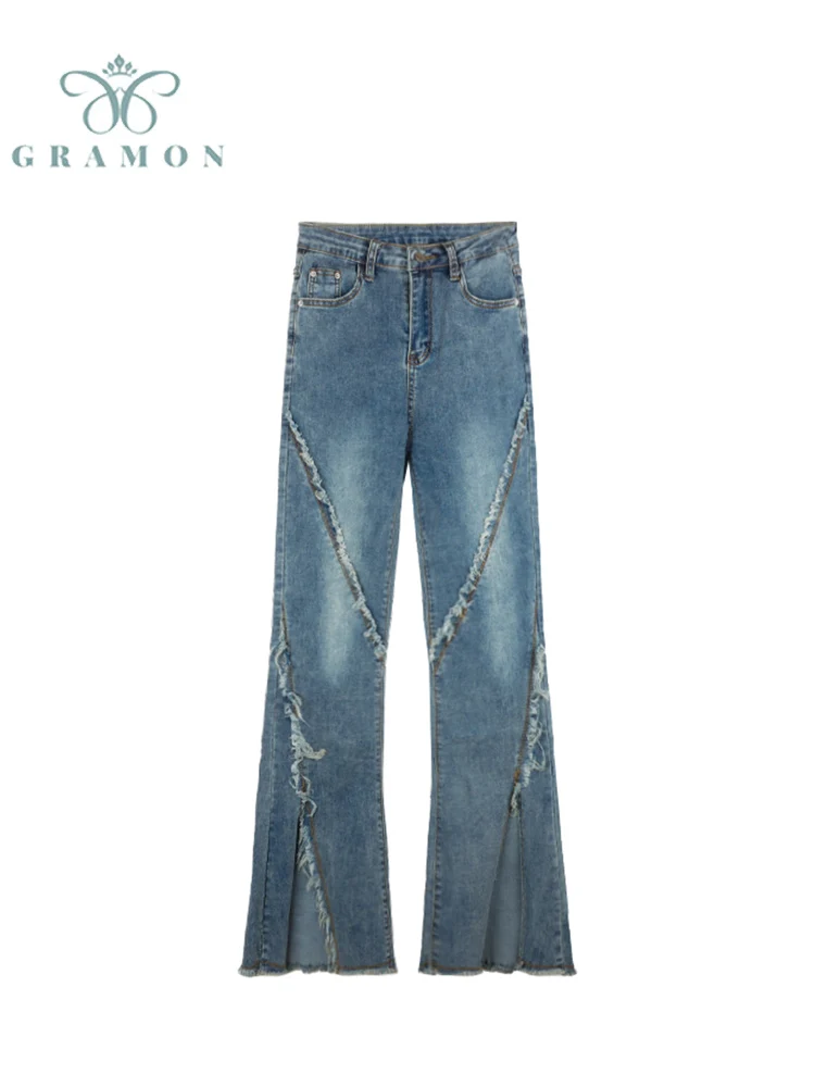 

Vintage High Street Denim Flared Pants For Women 2022 New High Waist Front Split Mopping Jeans Women Korean Fashion Jean Trouser