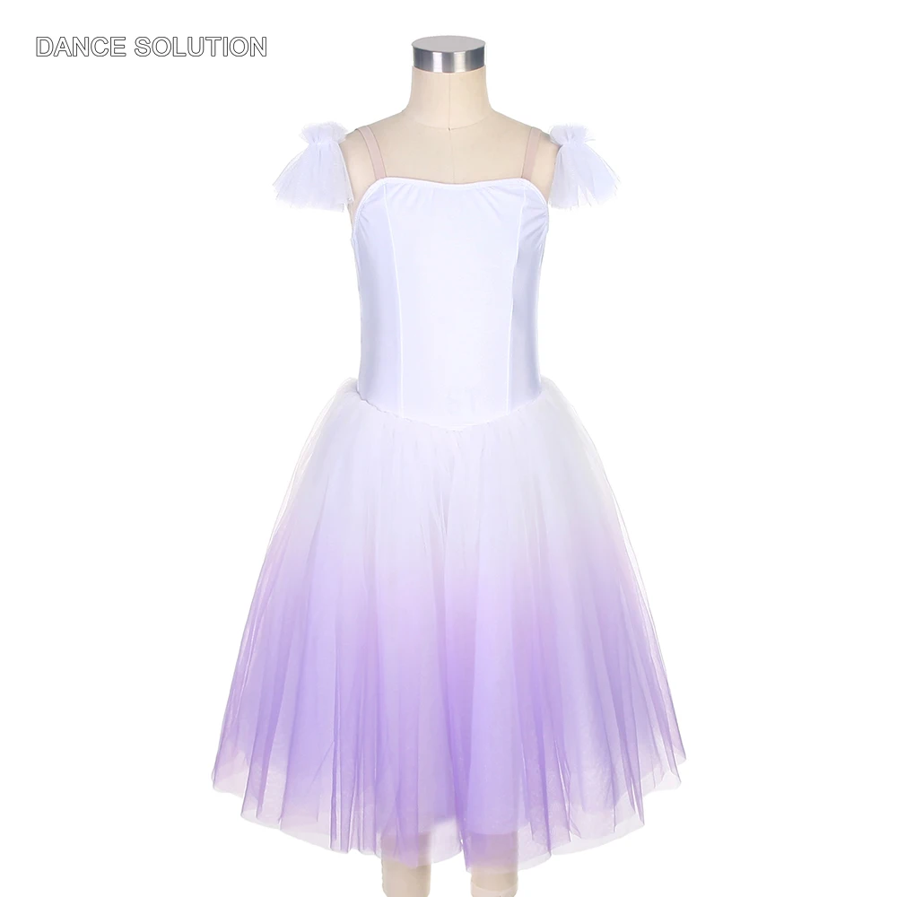 

White Spandex Camisole Bodice Ballet Tutu Dress with Ombre Purple Tulle Skirt Stage Performance Costumes for Women Girls 19335