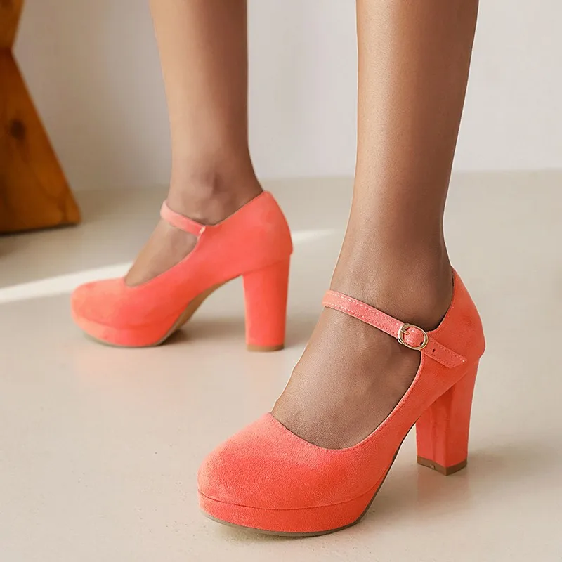 

Elegant Velvet Flock Shoes Spring Women Suede Round Toe Platform Buckle Strap Mary Jane Pumps Lady Party High Heels Plus Size 45