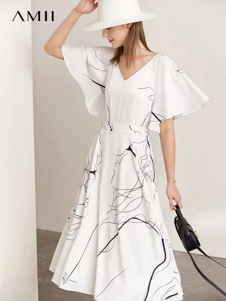 AMII Minimalism Dresses for Women Butterfly Sleeve 2023 Summer Chiffon Vestidos Women Clothing Long White Female Dress 12240727