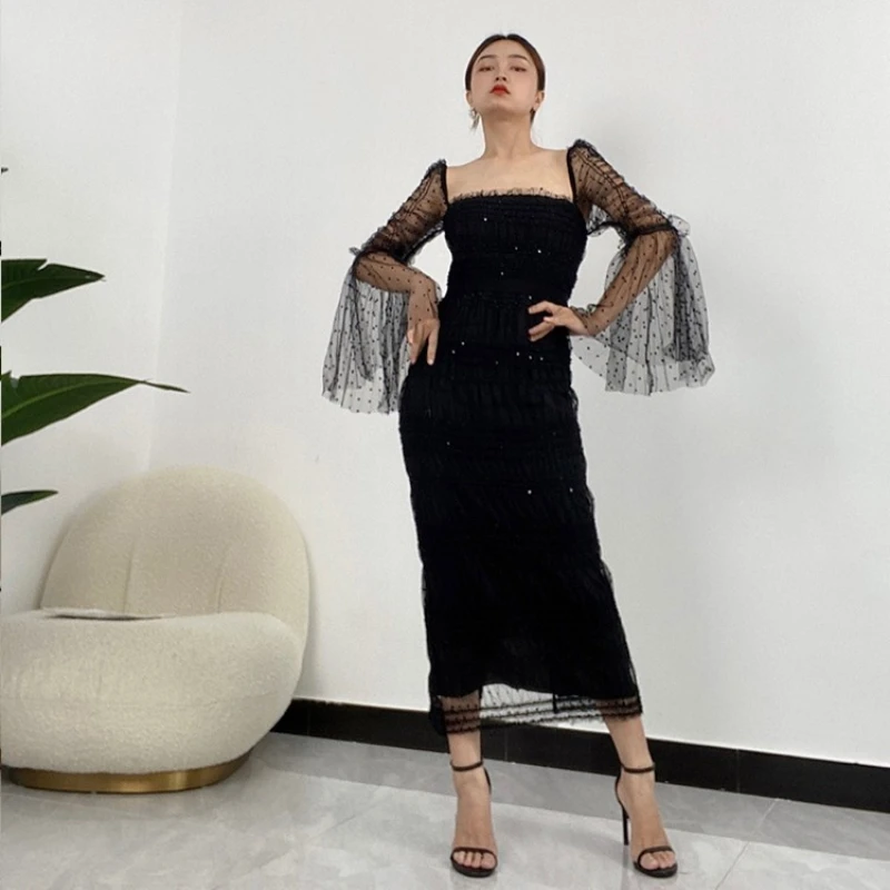 

Женское Сетчатое платье с длинным рукавом, черное облегающее платье с расклешенными рукавами, весна-осень 2023