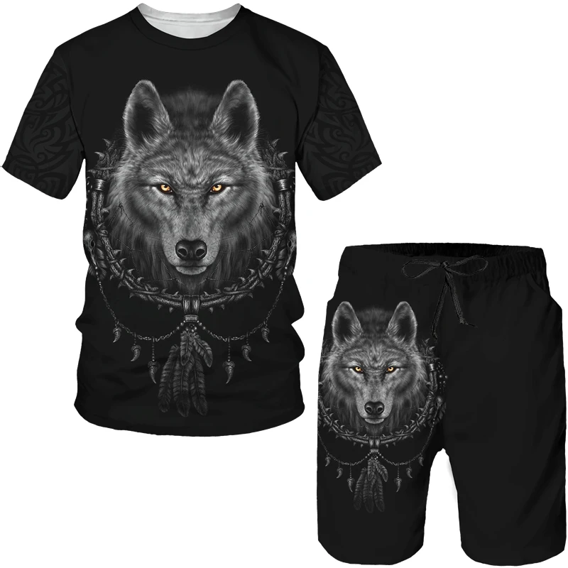 Summer 3D Wolf Printed Men's T-Shirt/Suit Hip Hop O-Neck Short Sleeve Tees&Shorts Two Piece Set Cool Animal Sportswear Tracksuit