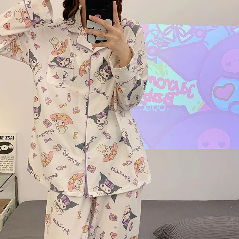 

Sanrio Kawaii Pajamas Kuromi Mymelody Cute Anime Stitch Student Long-Sleeved Suit Soft Warm Spring Autumn Home Clothes Girl Gift