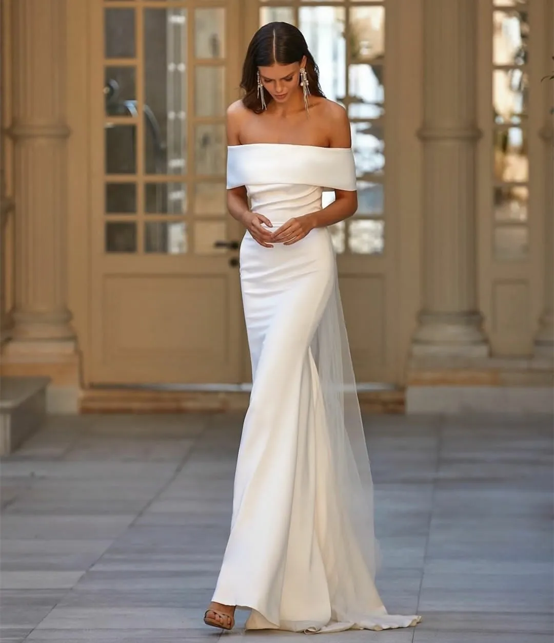 

Женское длинное свадебное платье It's yiiya, белое платье из крепа с открытыми плечами, юбкой годе и шлейфом на молнии сзади на лето