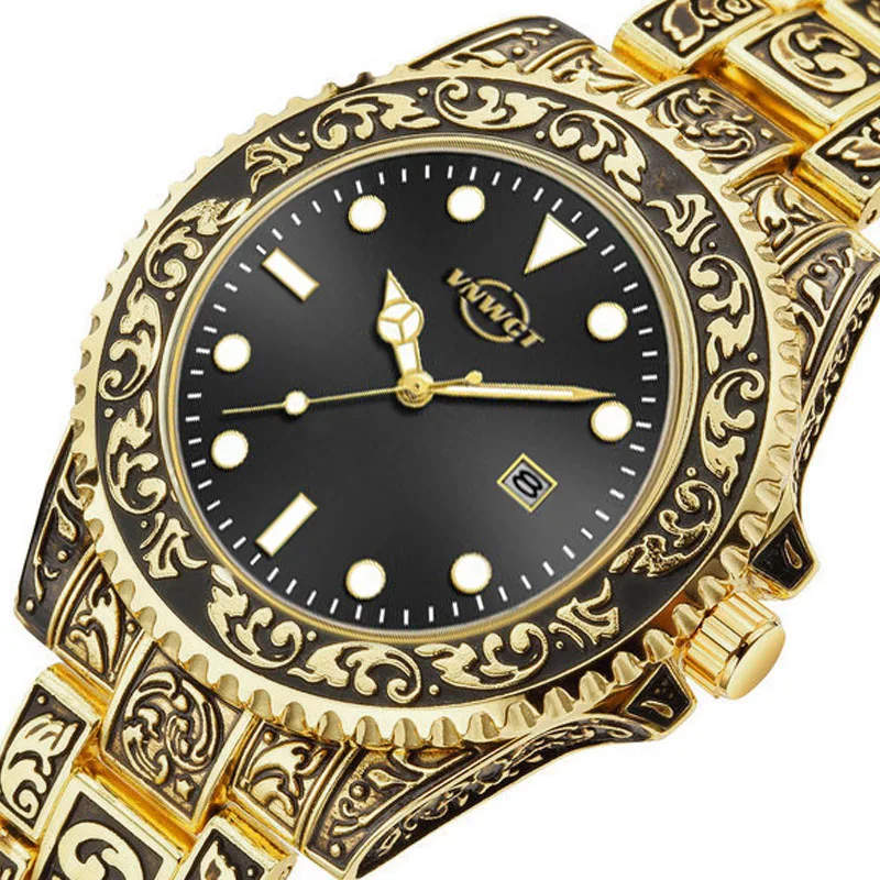 

Sculpture Waterproof Business Men Wristwatches Quartz Stainless Steel Strap Golden Diamond-encrusted Luxury Watches for Men
