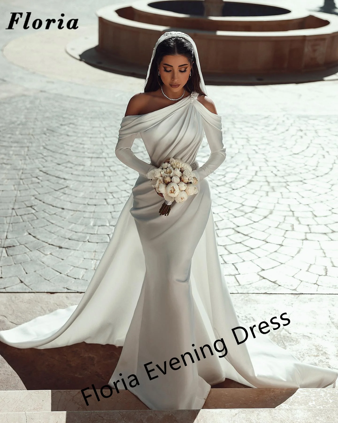 

Floria Middle East Mermaid Satin Long Prom Dresses Long Sleeves Beading Party Dress For Weddings Photography Dress Satin Dress