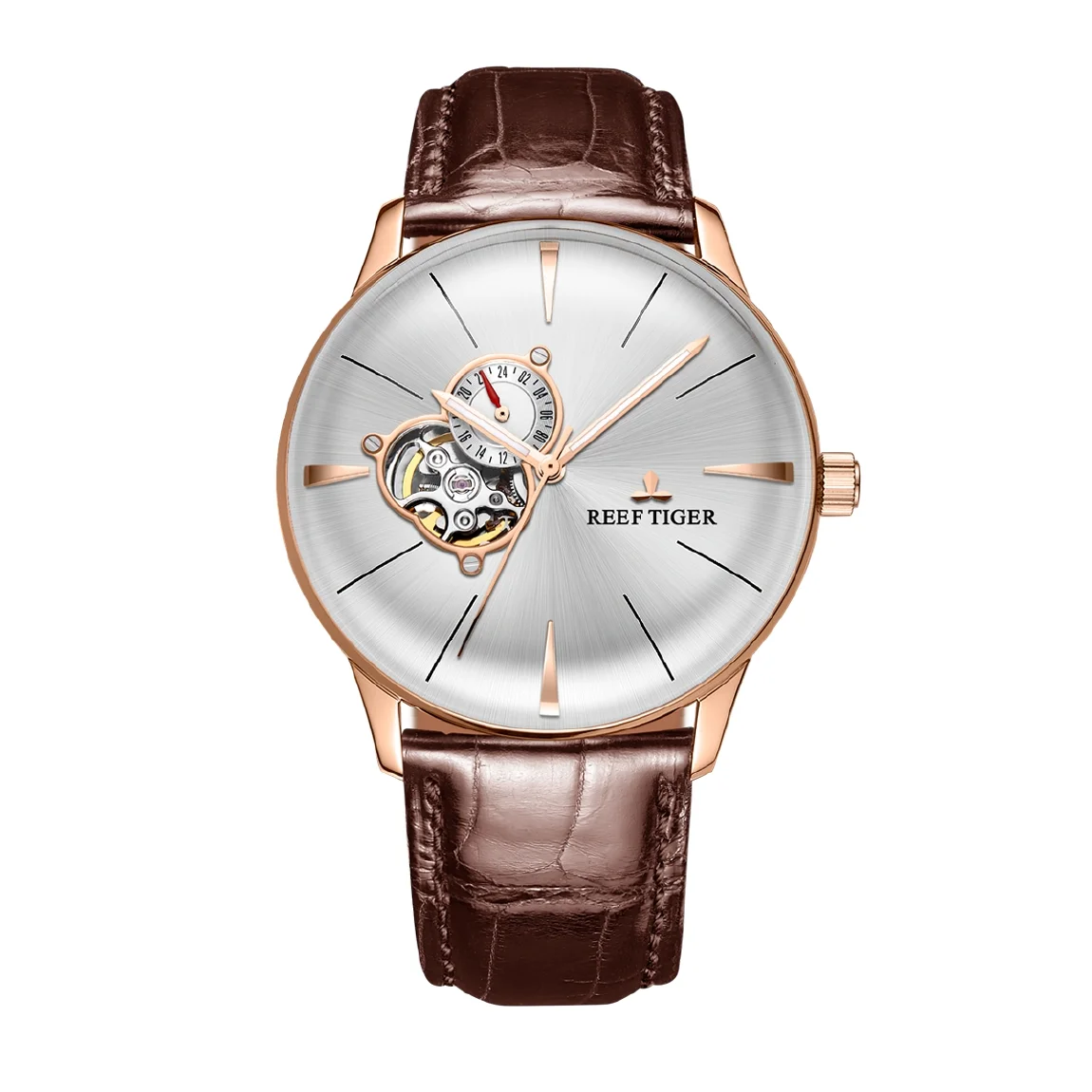 

Reef Tiger Luxury Mens Watches,Men Automatic Watch Mechanical Wristwatch Switzerland Waterproof Sapphire Skeleton Leather Strap