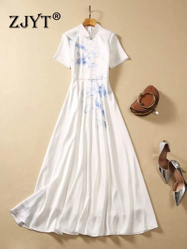 

ZJYT Runway Designer Floral Print White Long Dresses for Women Party Stand Neck Vintage Vestidos Elegant Short Sleeve Aline Robe