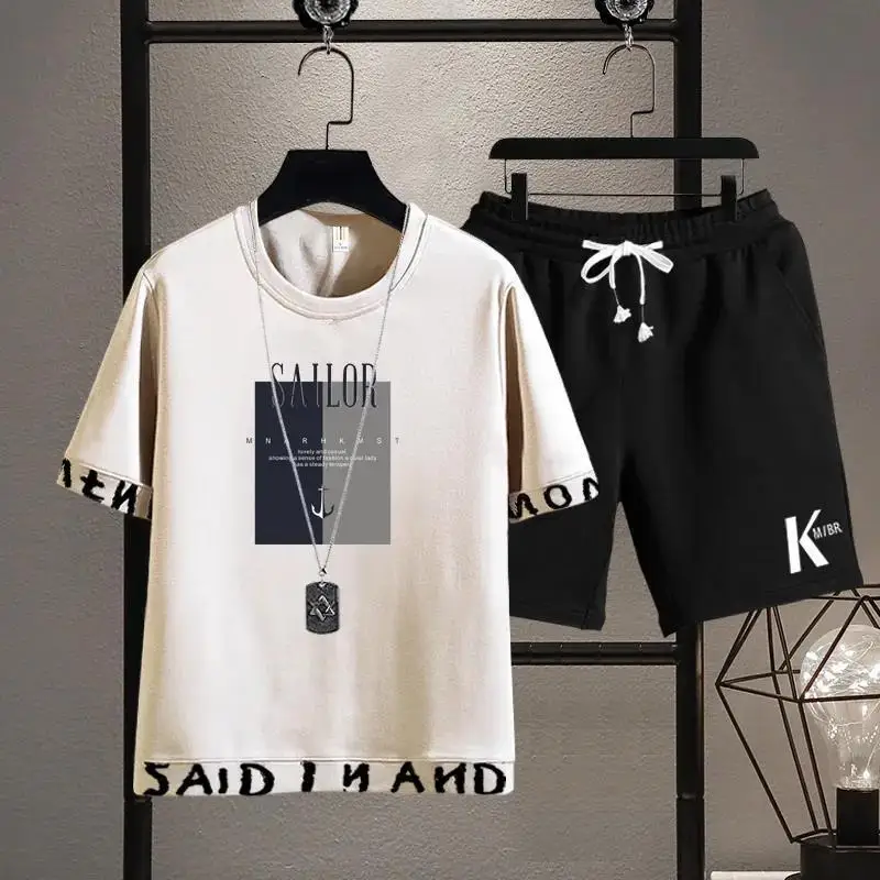 2023 New Trendy Two-Piece Suit T-shirt Summer Short-Sleeved Suit Men's Korean-Style Sports and Leisure Handsome Suit