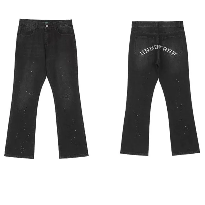 2022 High Streetwear Letter Embroidery Baggy Men Flare Jeans Pants Straight Hip Hop Black Vintage Denim Trousers Pantaloni Uomo