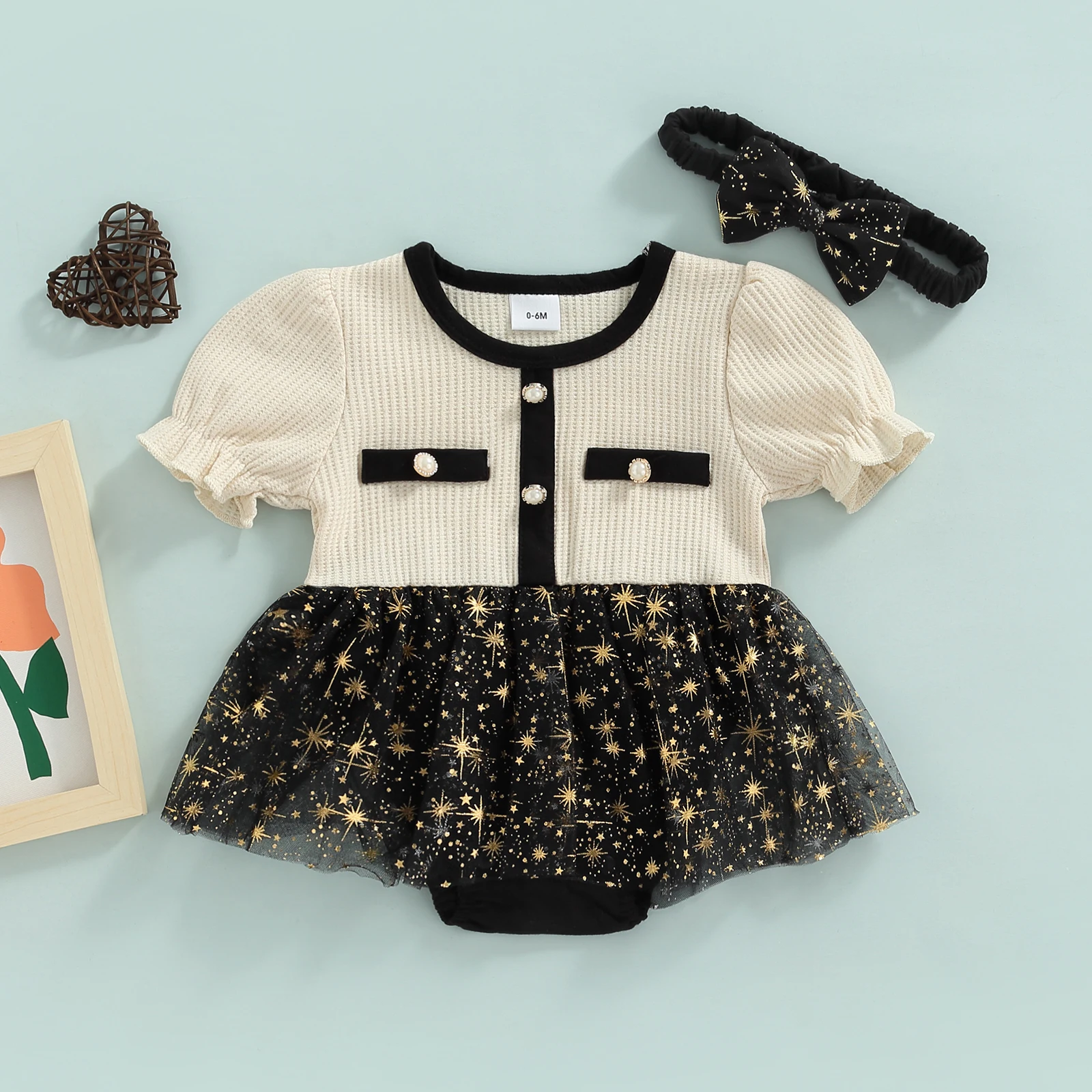 

2022-03-28 Lioraitiin 0-24M Baby Girls Summer Romper with Headband Ladylike Patchwork Golden Star Skirt Layer Jumpsuit